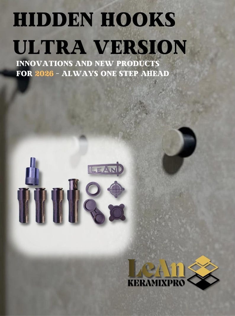 May include: Image features various dark gray and purple hidden hook components, including cylindrical and geometric shapes, and the text "HIDDEN HOOKS ULTRA VERSION" and "INNOVATIONS AND NEW PRODUCTS FOR 2026 - ALWAYS ONE STEP AHEAD". The LeAn Keramixpro logo is also visible.