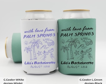 Enfriador de latas con amor desde Palm Springs: Recuerdos personalizados para despedida de soltera en el desierto. Tamaño regular y delgado.