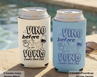 Enfriadores de latas de vino antes de los votos, fundas para despedidas de soltera, recuerdos personalizados de bodega para despedidas de soltera, porta latas de playa