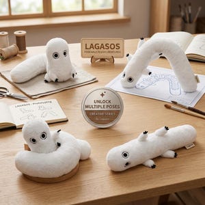 May include: Four white plush creatures with black eyes and small black claws are displayed in various poses. A wooden sign reads LAGASOS POSEABLE PLUSH CREATURES and a circular metal badge reads UNLOCK MULTIPLE POSES CREATIVE SERIES by Lagasos.