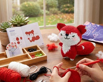 May include: A DIY crochet kit featuring a finished red and white fox plush, a printed instruction booklet, red and white yarn skeins, a wooden organizer tray with black safety eyes and stitch markers, and a red crochet hook.