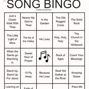 以下が含まれることがあります： 賛美歌のタイトルが書かれた白黒のソングビンゴゲームカード。「SONG BINGO」の文字が上部にあり、その下に「HYMN FAVORITES」と書かれています。カードには、「Amazing Grace」や「The Old Rugged Cross」などの曲名が書かれた正方形のグリッドがあります。