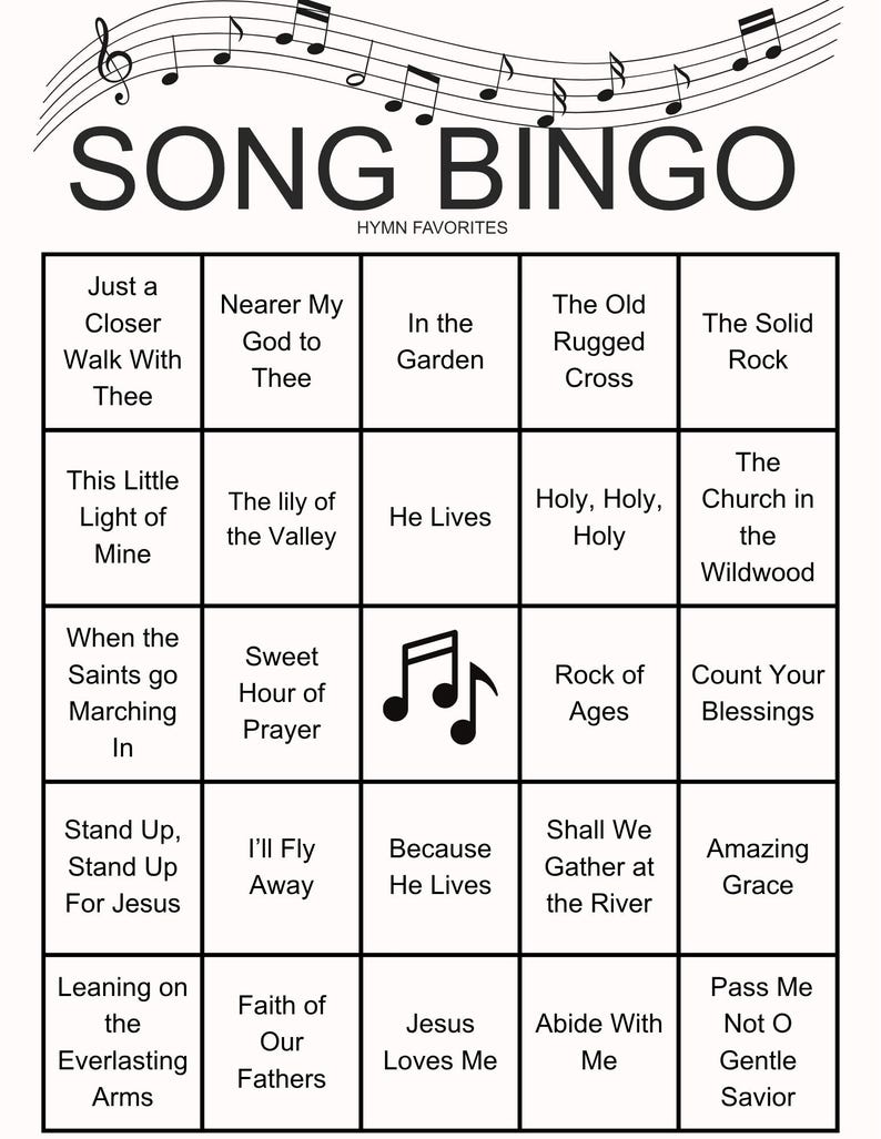 以下が含まれることがあります： 賛美歌のタイトルが書かれた白黒のソングビンゴゲームカード。「SONG BINGO」の文字が上部にあり、その下に「HYMN FAVORITES」と書かれています。カードには、「Amazing Grace」や「The Old Rugged Cross」などの曲名が書かれた正方形のグリッドがあります。