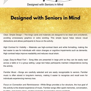 May include: A gold-toned background with musical notes and the text "Designed with Seniors in Mind." The design emphasizes clear, large print and high-contrast colors for easy readability. The text describes the features of the product.