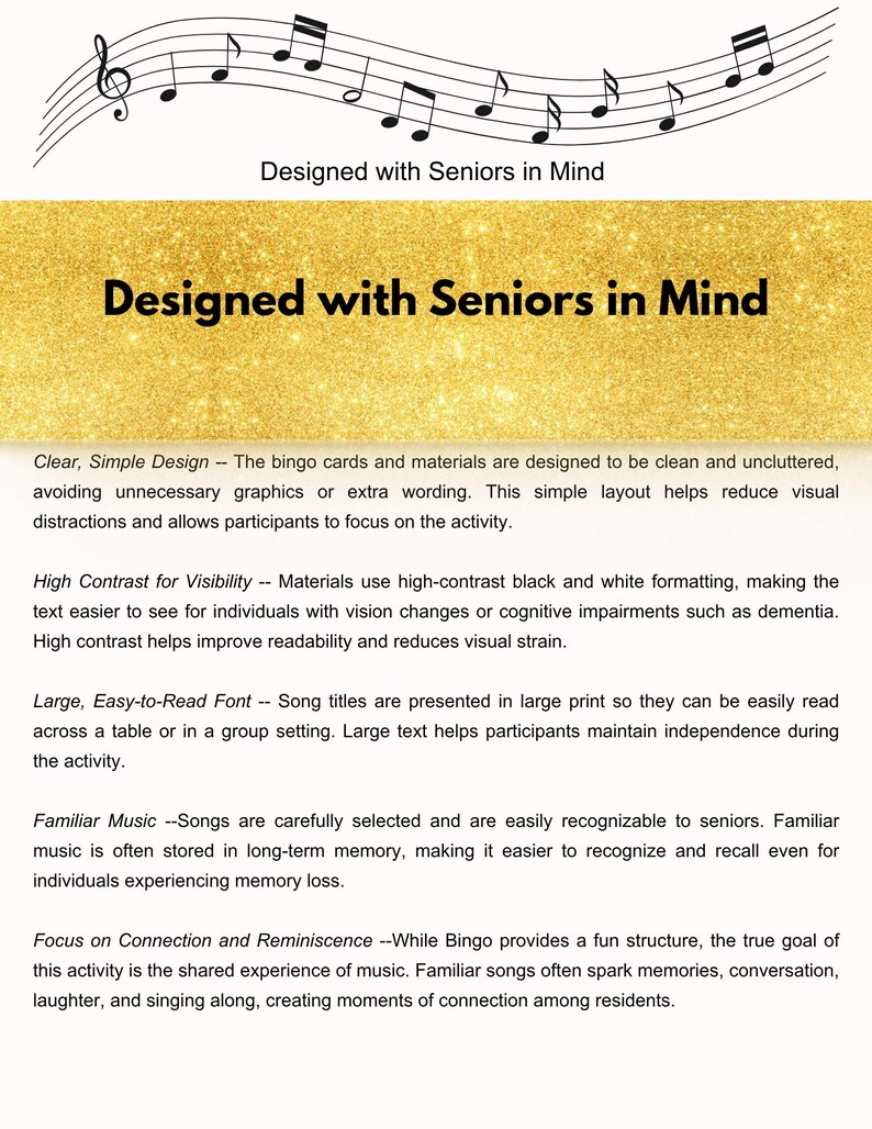 May include: A gold-toned background with musical notes and the text "Designed with Seniors in Mind." The design emphasizes clear, large print and high-contrast colors for easy readability. The text describes the features of the product.