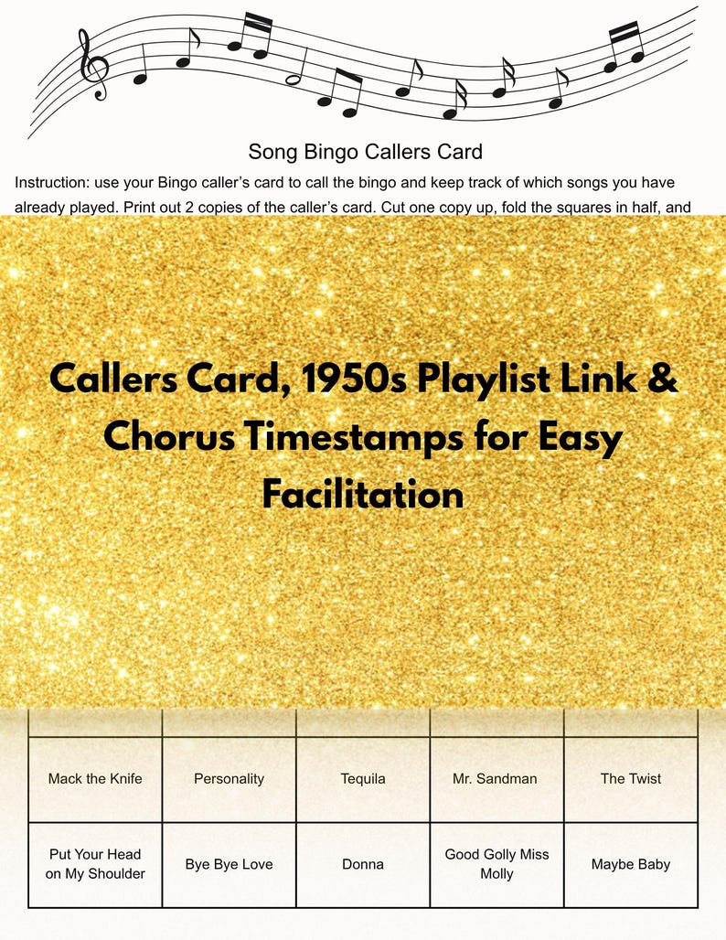May include: A gold glitter background with a bingo card featuring song titles from the 1950s, including "Mack the Knife" and "Tequila." The card is designed for easy facilitation of a song bingo game. Instructions and musical notes are at the top.