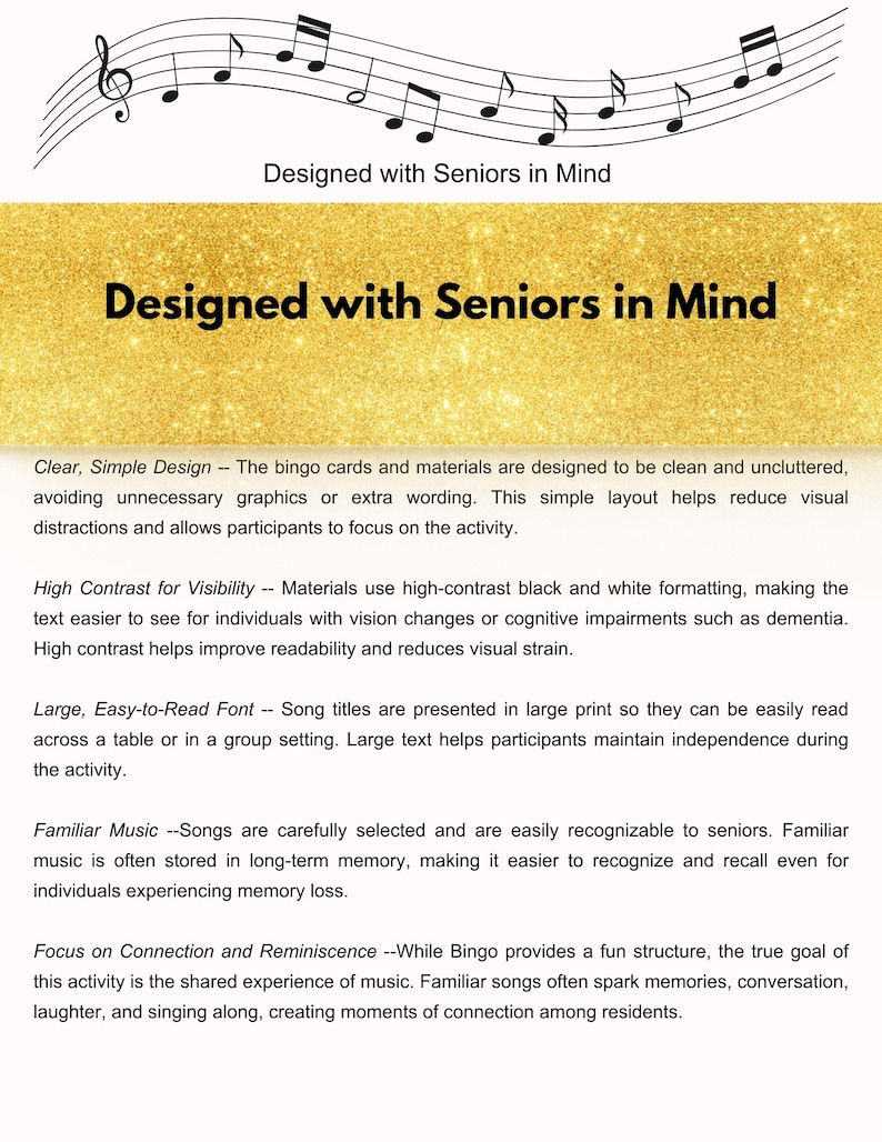 以下が含まれることがあります： 上部に音符、テキスト「Designed with Seniors in Mind」が配置された金色のグリッター背景。画像は、クリアなデザイン、高コントラスト、大きなフォントなど、製品の特徴を説明しています。