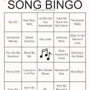 Puede incluir: Un tablero blanco de juego "SONG BINGO" con títulos de canciones como "My Girl" y "Hey Jude". Notas musicales en la parte superior. El juego se titula "SING A-LONG FAVORITES".