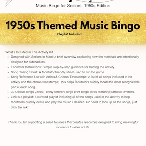 May include: A 1950s themed music bingo activity kit for seniors. The gold-colored title reads "1950s Themed Music Bingo" with the text "Playlist Included" below. Includes facilitator instructions, song calling sheet, and a curated playlist.