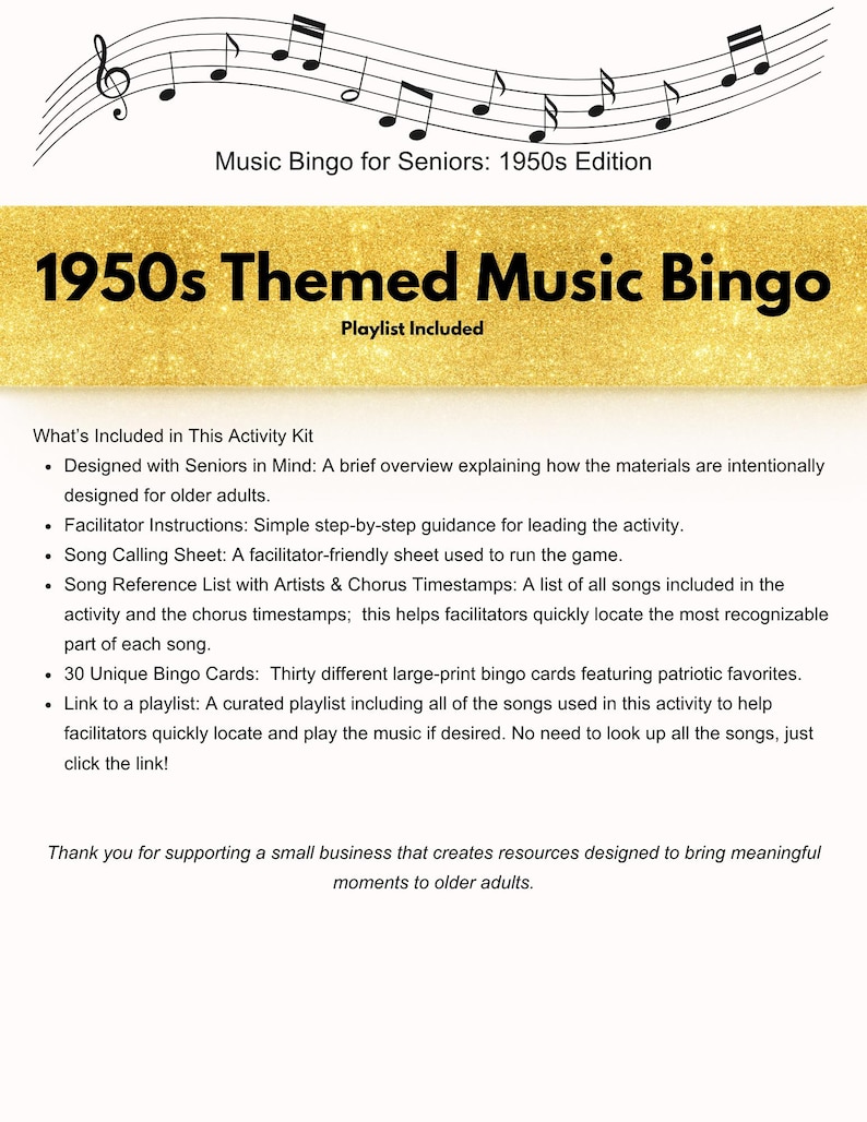 May include: A 1950s themed music bingo activity kit for seniors. The gold-colored title reads "1950s Themed Music Bingo" with the text "Playlist Included" below. Includes facilitator instructions, song calling sheet, and a curated playlist.