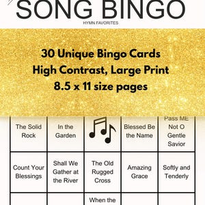 以下が含まれることがあります： 金色のグリッターの背景を持つソングビンゴゲームカード。「SONG BINGO」と「HYMN FAVORITES」の文字が表示されます。 30枚のユニークなビンゴカードが付属しており、21.6 x 27.9 cmのページに大きな文字で印刷されています。 カードには賛美歌のタイトルがグリッド状に表示されています。