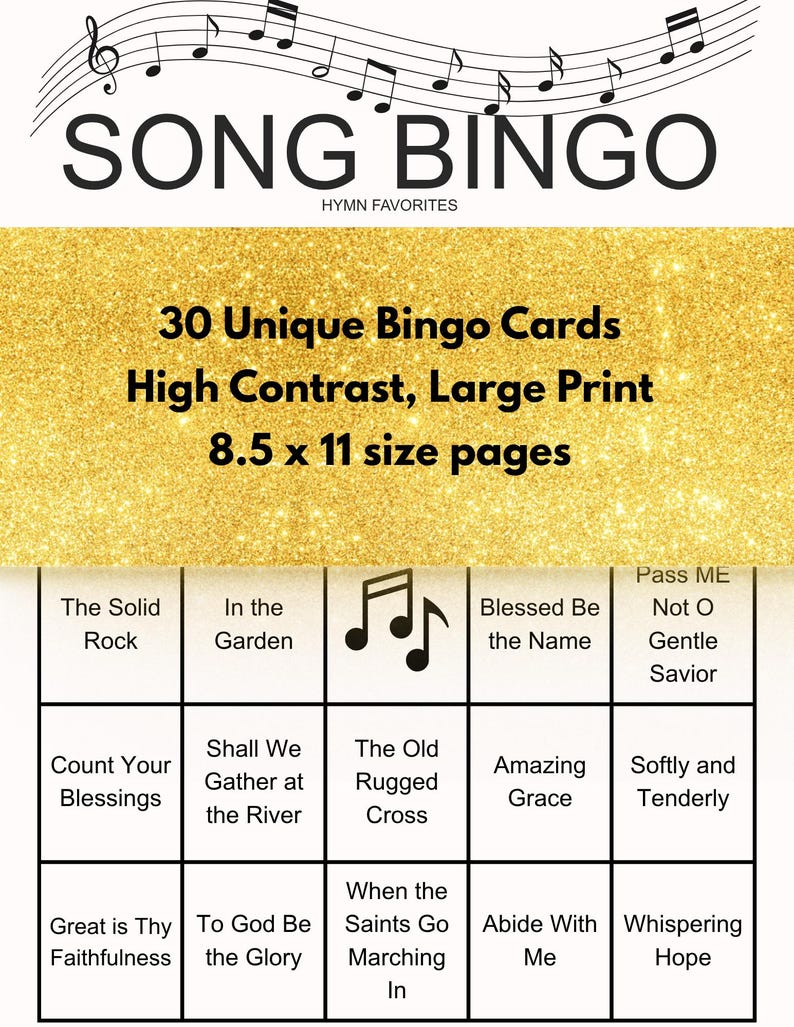 以下が含まれることがあります： 金色のグリッターの背景を持つソングビンゴゲームカード。「SONG BINGO」と「HYMN FAVORITES」の文字が表示されます。 30枚のユニークなビンゴカードが付属しており、21.6 x 27.9 cmのページに大きな文字で印刷されています。 カードには賛美歌のタイトルがグリッド状に表示されています。