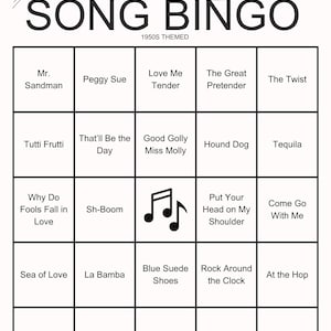 May include: A black and white Song Bingo game card with a musical staff at the top. The card features a grid with song titles like "Mr. Sandman" and "Hound Dog". The text "1950s Themed" is also present.