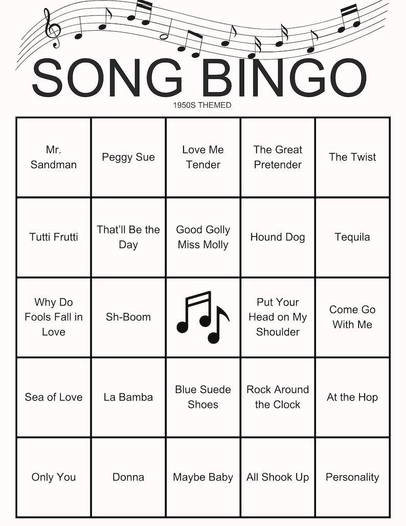 May include: A black and white Song Bingo game card with a musical staff at the top. The card features a grid with song titles like "Mr. Sandman" and "Hound Dog". The text "1950s Themed" is also present.