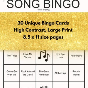 May include: A 1950s-themed Song Bingo game with a gold glitter background. The game includes 30 unique bingo cards with a high-contrast, large print design. The pages are 8.5 x 11 inches in size. The bingo cards feature popular song titles.