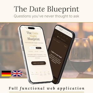 Könnte beinhalten: Zwei Smartphones mit der App "The Date Blueprint", einem Leitfaden für einen nachdenklichen Abend. Die App-Oberfläche ist sichtbar, mit englischem und deutschem Text. Das Bild wirbt für ein Fünf-Phasen-Erlebnis.