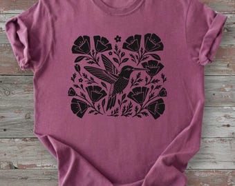 Garment-Dyed Hummingbird Floral T-Shirt, Relaxed Fit Cotton Tee