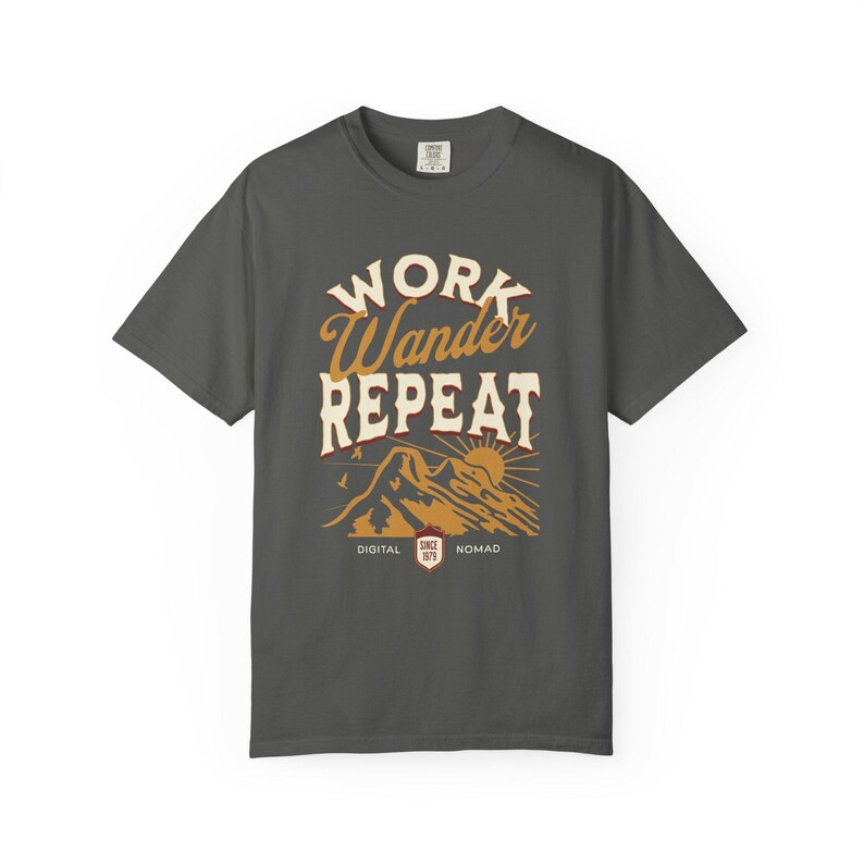 Work Wander Repeat Tee, Vintage Mountain Graphic Shirt, Digital Nomad Apparel image 2