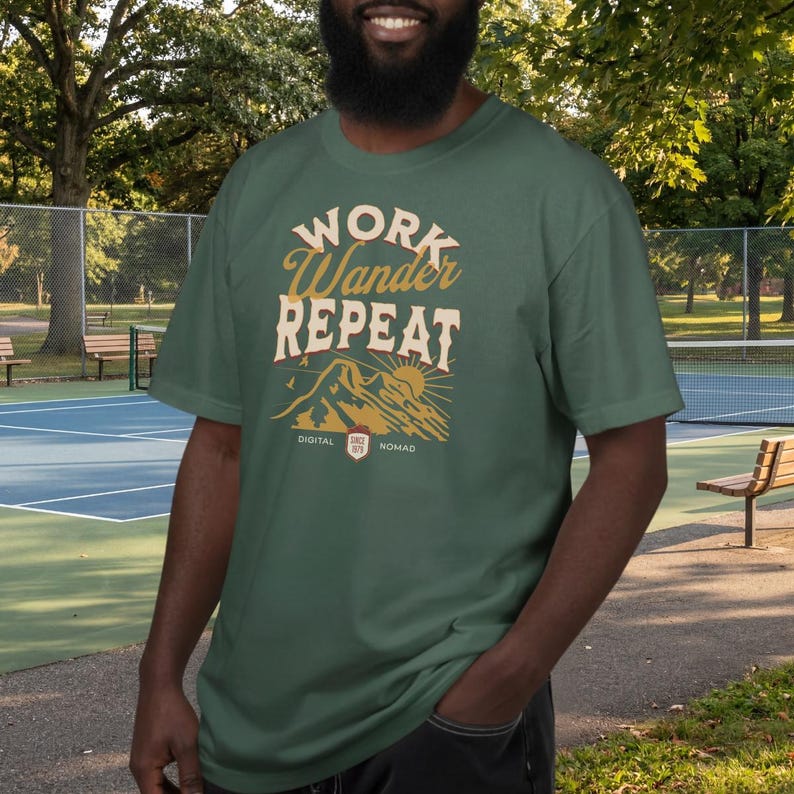Work Wander Repeat Tee, Vintage Mountain Graphic Shirt, Digital Nomad Apparel Blue Spruce