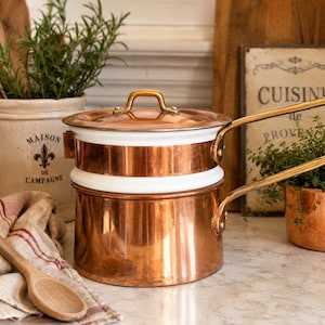 Vintage Solid Copper Double Boiler Bain Marie | White Ceramic Insert | Brass Handles | Made in Korea | Copper Cookware