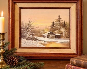 Vintage origineel winterlandschap schilderij, gesigneerd, rustieke hut met sneeuwscène, ingelijste wanddecoratie voor een boshuisje.