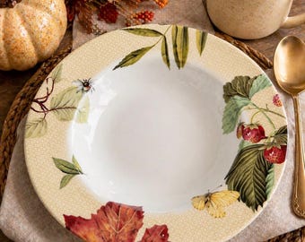 Spode Fruit Haven Soup Bowls Set of 4, Fall Harvest Dinnerware, 9 Inch Rimmed Pasta Bowls, Autumn Leaves Berry Plates