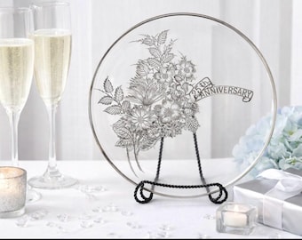 Talerz na 25. rocznicę z zabytkowego szkła Silver City, srebrna nakładka na kwiaty, 10-calowy szklany prezent na rocznicę, ślub z obramowaniem ze srebra z połowy XX wieku