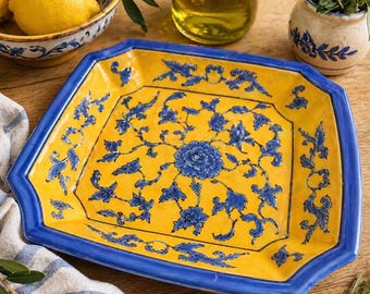 Plato de estilo mayólica italiano amarillo y azul / Bandeja de cerámica con relieve pintado a mano / Plato de pared de decoración mediterránea