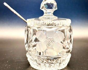 vintage sucrier en cristal taillé marguerite florale marguerite pot de confiture en cristal, pot à condiments en cristal, avec cuillère en métal argenté Godinger