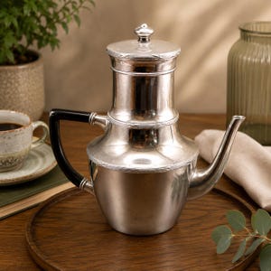May include: A silver-toned metal coffee pot featuring a tiered cylindrical body, a curved spout, and a black handle. The pot includes a matching lid with a small knob at the top and decorative horizontal bands with a textured finish around the center.