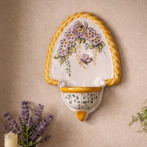 Vintage Talavera Style Wall Pocket Spain Hand Painted Ceramic Match Holder Floral Butterfly Yellow Rope Edge Signed J.M Talavera