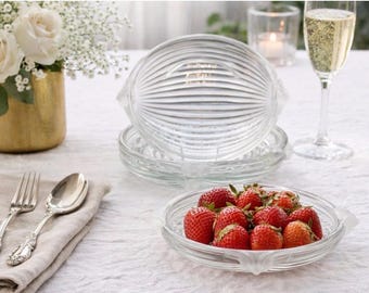 ヴィンテージ ミカサ ウォルター クリスタルプレート 4枚セット、西ドイツ製 アールデコ調 リブ付きガラス製デザート/サラダプレート、フロスト加工の取っ手付き