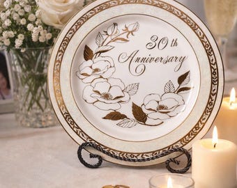 Plato vintage de 30 aniversario, porcelana fina georgiana japonesa, dorado, blanco, floral, para exhibición de aniversario de boda, 10.5 pulgadas