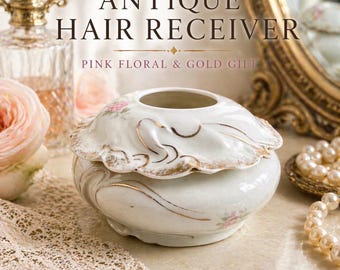 Antico barattolo portagioie in porcellana con decorazioni floreali rosa e oro dorato, stile vittoriano, ideale per comò.