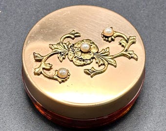 Vintage Collapsible Travel Cup with Lid | Amber Lucite Folding Drinking Cup | Gold Tone Floral Lid with Faux Pearls | Mid Century Travel Acc