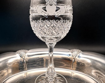 Vintage Galway irländsk kristall Claddagh bägare etsat vinglas signerat Irland med originaletikett keltisk barware