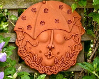 Vintage 1991 Barbara Kivlin Terra Cotta Wall Sculpture, Vermont Handcrafted Face Plaque, Folk Art Garden Wall Hanging, Signed Pottery