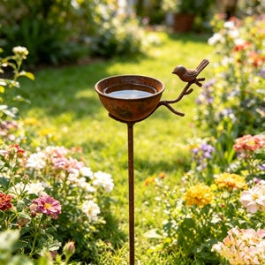 Rust Metal Bird Bath Stake | Small Bird Sculpture Garden Lawn Decor | Rustic Gardener Gift