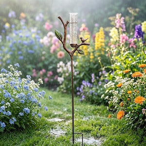 Pieu de jardin en métal pour pluviomètre Bird Branch | Décoration de jardin en métal rustique | Cadeau pluviomètre extérieur résistant aux intempéries pour jardiniers