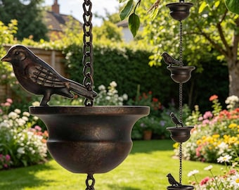 Catena per la raccolta dell'acqua piovana con uccellino in ferro / Decorazione da appendere per grondaia / Decorazione da giardino da appendere