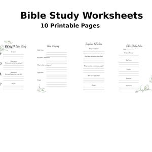 Puede incluir: Hojas de trabajo de estudio bíblico imprimibles en blanco con el texto "Bible Study Worksheets" y "10 Printable Pages". Las hojas de trabajo incluyen secciones para SOAP, Verse Mapping, Scripture Reflection y Bible Study Rules.