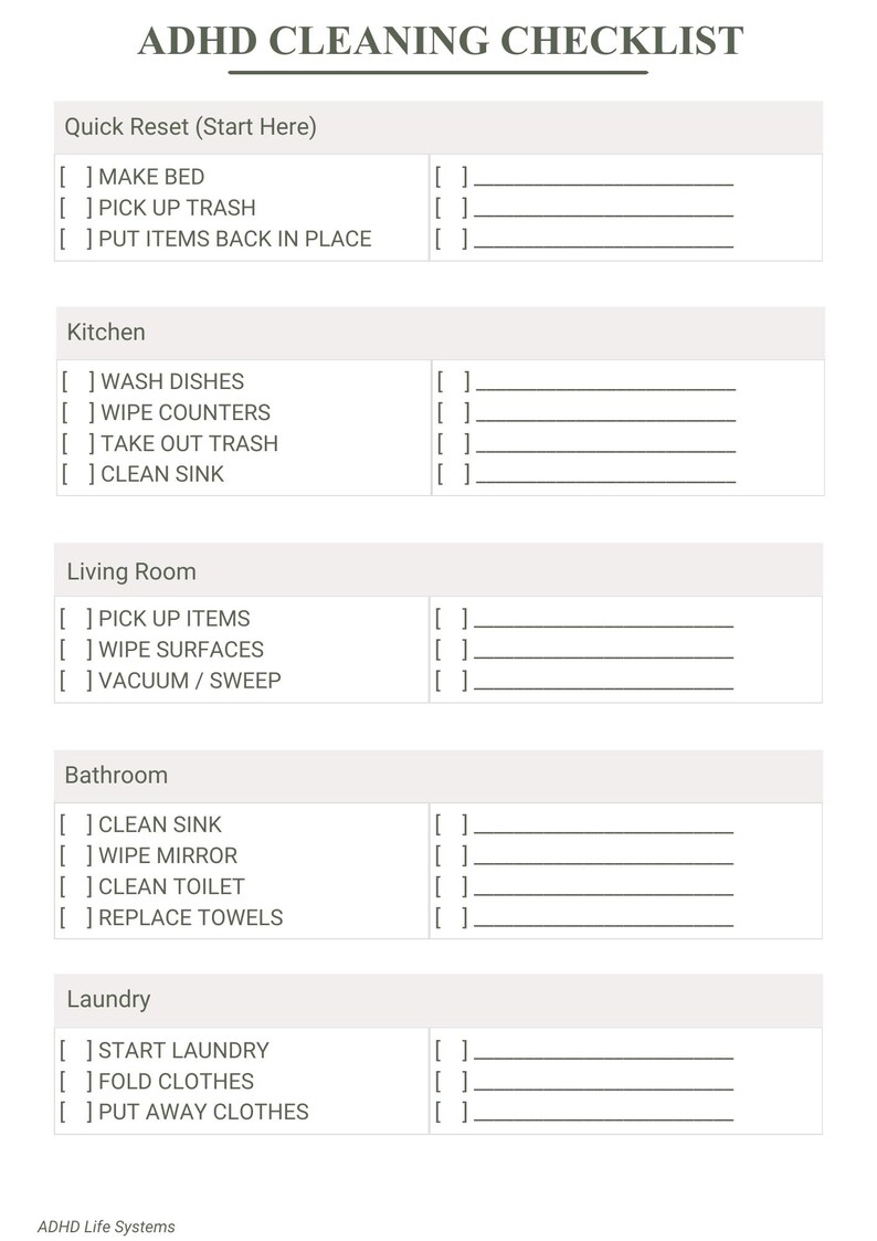 ADHD Cleaning Checklist Printable | Simple Routine Planner (PDF