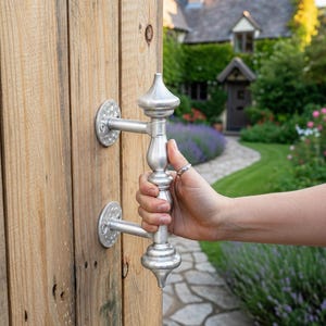 May include: A silver-colored gate handle with a decorative design is attached to a wooden gate. The handle is being opened, revealing a stone pathway leading to a house with a thatched roof. The gate is made of light-colored wood.