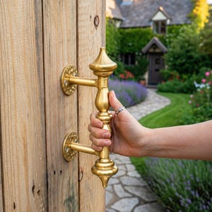 Könnte beinhalten: Ein goldfarbener Türgriff mit dekorativen Details wird geöffnet und gibt einen Blick auf einen Gartenweg und ein Haus im Hintergrund frei. Der Griff ist an einem Holztor befestigt. Das Design des Griffs umfasst eine Reihe von abgerundeten Formen und eine spitze Spitze.