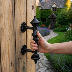 May include: A black metal gate handle with decorative finials is attached to a wooden gate. The handle is being opened, revealing a stone pathway leading to a house with a thatched roof and a garden.