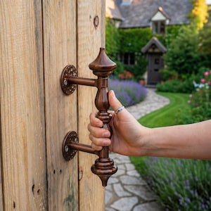 Peut inclure: Poignée de porte en bronze ouvragée, avec des détails décoratifs. La poignée est tenue ouverte, révélant une porte en bois et un chemin menant à un cottage. Le design de la poignée présente des formes arrondies et un sommet pointu.