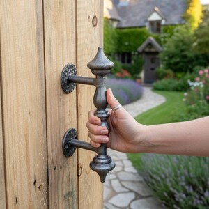 May include: A decorative, gray metal gate handle with a textured finish. The handle is held open, revealing a wooden gate and a garden path leading to a house. The handle has a classic, ornate design.