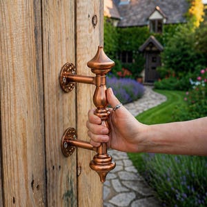 May include: Copper-colored gate handle with decorative detailing. The handle is held against a wooden gate, with a blurred background of a garden path and a house. The handle's design includes a series of rounded shapes and a textured surface.