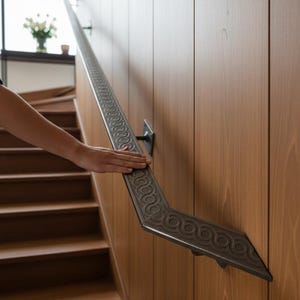 Puede incluir: Una barandilla decorativa de metal con un intrincado patrón repetitivo. La barandilla gris oscuro está montada en una pared de madera marrón claro. Una escalera de madera es visible en el fondo. La barandilla es un elemento de diseño para la decoración de interiores.