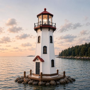 May include: A white lighthouse with a red roof and black trim stands on a rocky base in the water. The lighthouse has a small door, windows, and a light at the top. The sky is a mix of orange and blue, and the water is calm.
